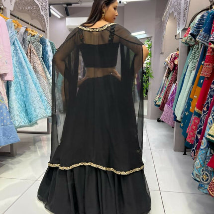 Aastha Fashion Black Heavy Georgette Pleated Semi Stitched Wedding Wear Lehenga Choli