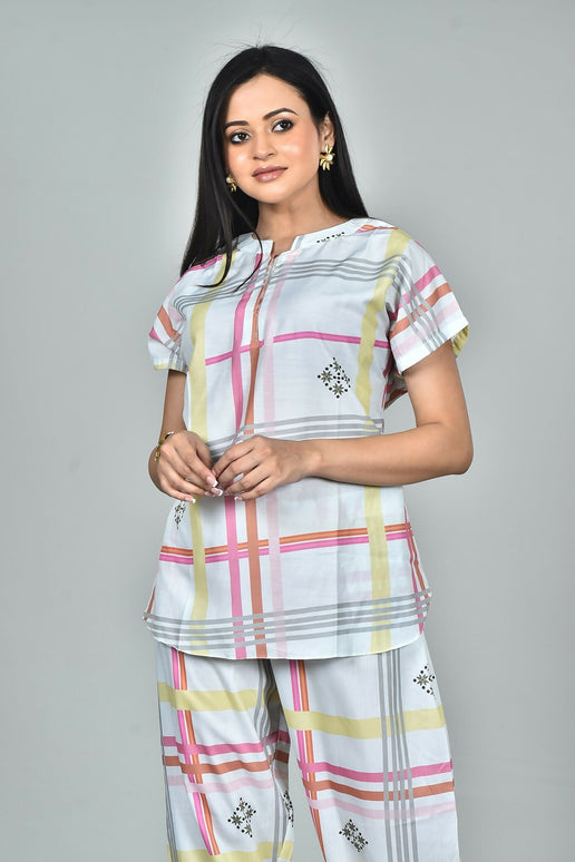 Morchari Digital Print Semi Muslin Co-Ord Set Top & Trouser-Multicolor