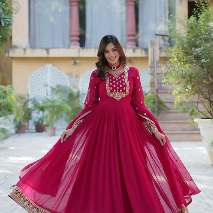 Aastha Fashion Pink Faux Blooming Georgette Sequins Embroidered work Party Wear Designer Gown