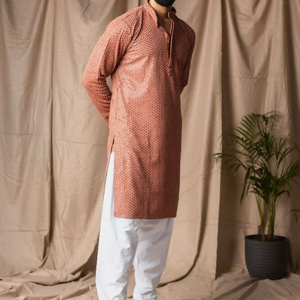 Reddish Orange Rayon Thread Embroidery Work Kurta Set - Mahotsav