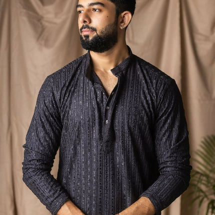 Dark Grey Rayon Thread Embroidery Work Kurta Set - Mahotsav