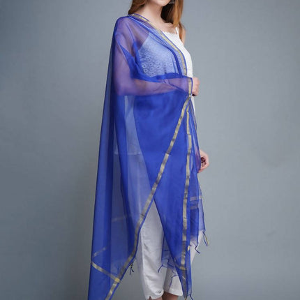 Shehnaai Chanderi Silk Dupatta In Blue Colour With A Golden Woven Border