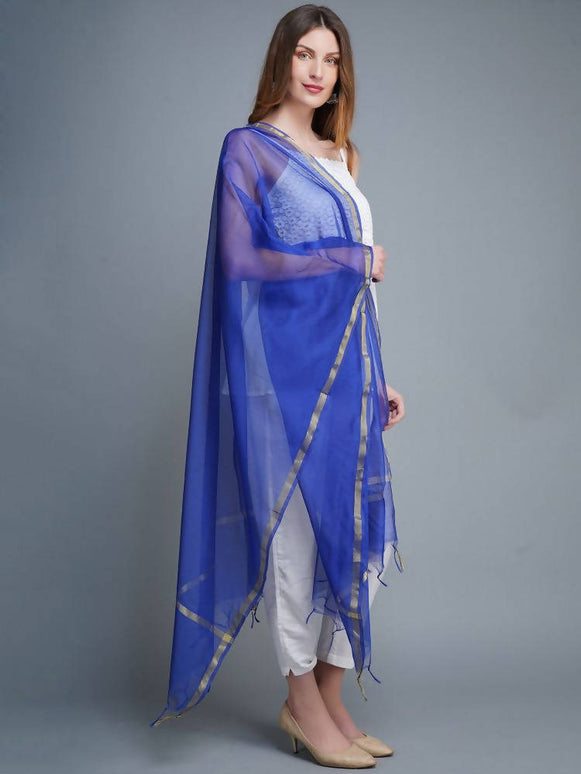 Shehnaai Chanderi Silk Dupatta In Blue Colour With A Golden Woven Border