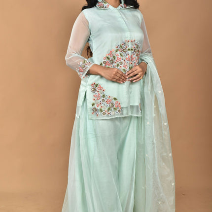 Morchari Women And Hand Embroidery Palazzo Set-Sea Green