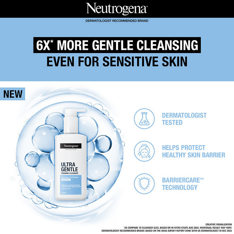 Neutrogena Ultra Gentle Foaming Face Cleanser Protect Skin Moisture - For Oily & Sensitive Skin