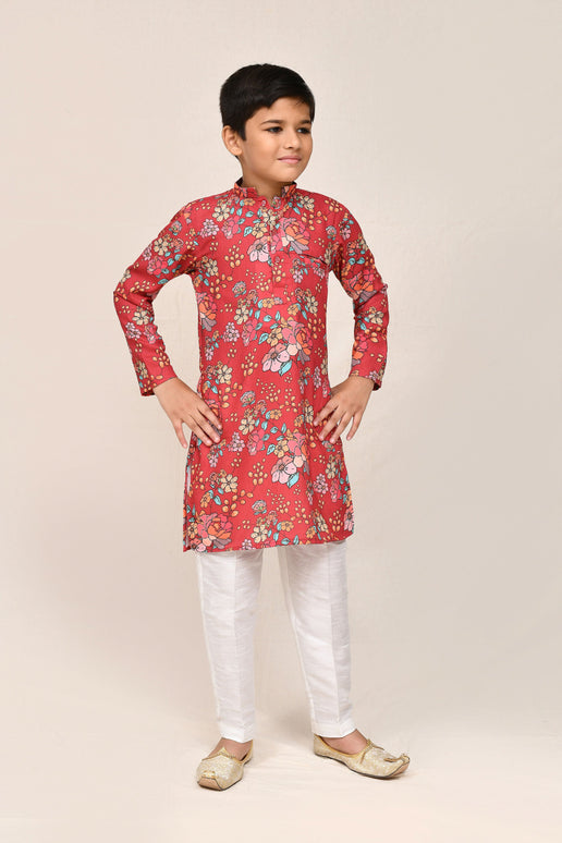 Joban Fashion Cotton Silk Red Kurta With Straight Fit Pant
