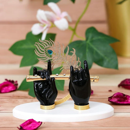 House Of Wemy Gold-Polished Lord Krishna Hands Idol with Flute and Pecock Feather - Black