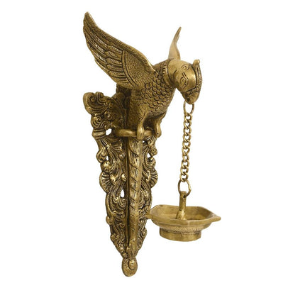 eCraftIndia Gold-Toned Handcrafted Bird Wall Hanging with Diya for 5 wicks