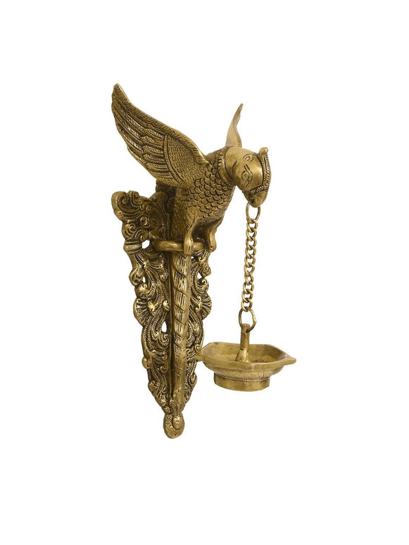 eCraftIndia Gold-Toned Handcrafted Bird Wall Hanging with Diya for 5 wicks