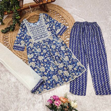 Divine Drape Girls Poly Cotton Blue Embroidered Straight Kids Kurta Pant With Dupatta