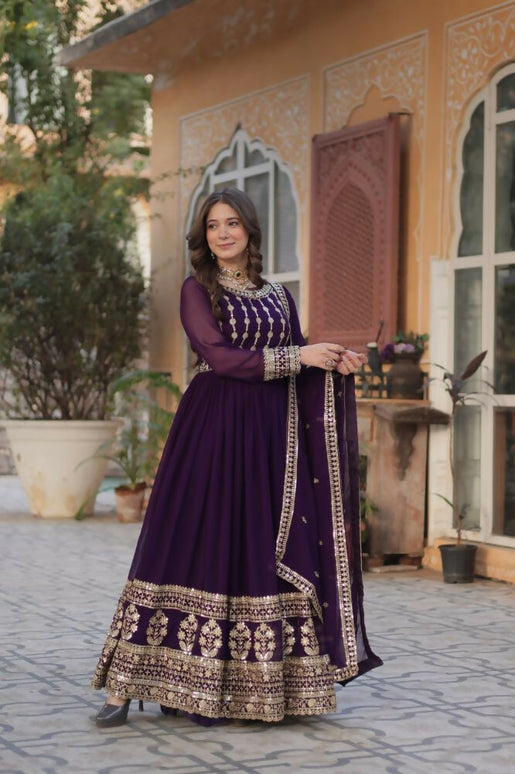 Aastha Fashion Purple Faux Blooming Embroidery Zari Sequins-work Party Wear Designer Gown