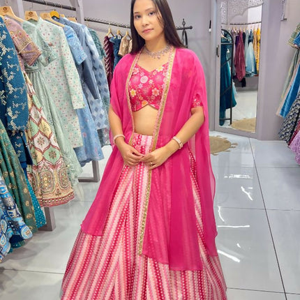 Aastha Fashion Pink Slub Silk Embroidery Thread / Sequence Work + Digital Print Semi Stitched Wedding Wear Lehenga Choli