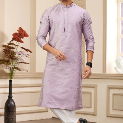 Raivat Ethnic Men's Art Silk Thread Work Kurta Pyjama In Light Purple Colour