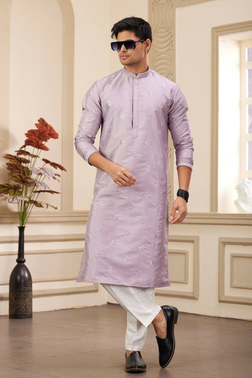 Raivat Ethnic Men's Art Silk Thread Work Kurta Pyjama In Light Purple Colour