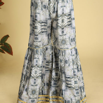 Divine Drape Girls Muslin Grey Printed Straight Kids Kurta Sharara With Dupatta