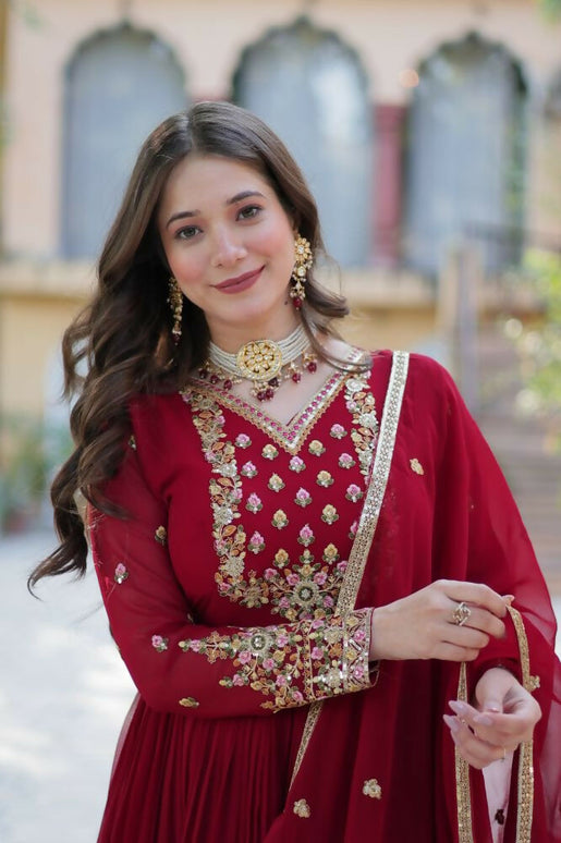 Aastha Fashion Maroon Faux Blooming Georgette Sequins Embroidered work Party Wear Designer Gown