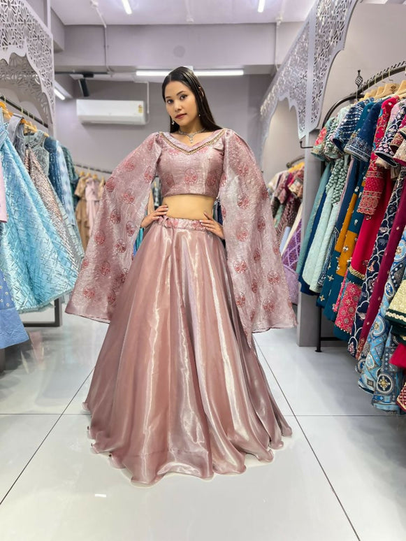 Aastha Fashion Peach Heavy Jimmy Chu Belt Embroidery Thread + Sequence Work Semi Stitched Wedding Wear Lehenga Choli