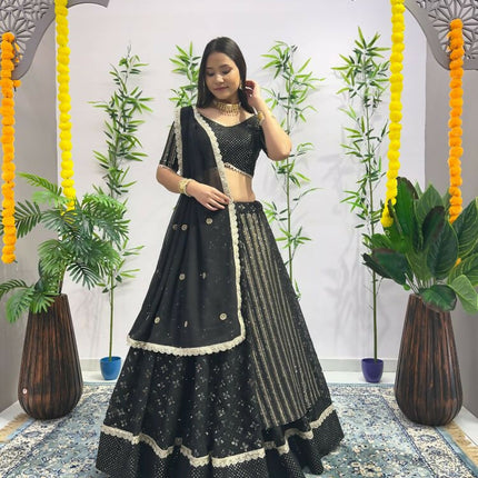Aastha Fashion Black Heavy Georgette Heavy Embroidery+ Sequence +Ready Lace Semi Stitched Wedding Wear Lehenga Choli