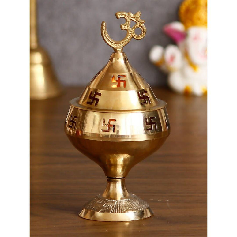 eCraftIndia Gold-Toned Om and Swastik Brass Diya