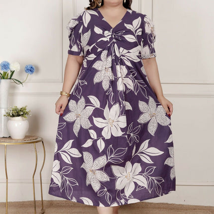 Miravan Womens Plus Size Purple Pleated Puff Sleeve Floral Pure Cotton Butterfly Middi Dress