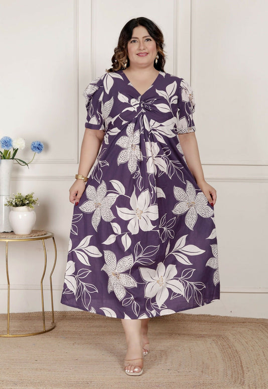 Miravan Womens Plus Size Purple Pleated Puff Sleeve Floral Pure Cotton Butterfly Middi Dress