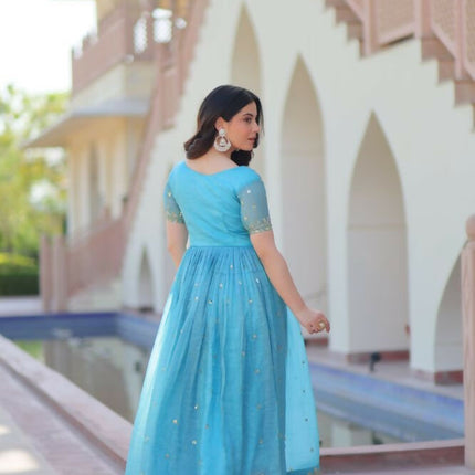 Aastha Fashion Sky Gold Crush Multi Thread Embroidery Zari Sequins-Work Party Wear Designer Gown