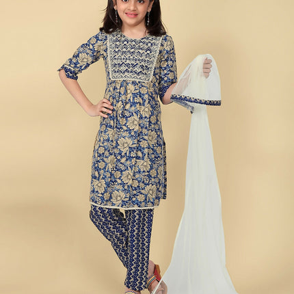 Divine Drape Girls Poly Cotton Blue Embroidered Straight Kids Kurta Pant With Dupatta