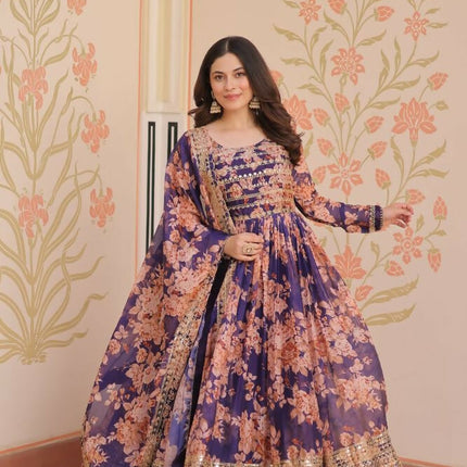 Aastha Fashion Purple Russian Silk Digital Print With Embroidered Sequins Work Party Wear Designer Gown