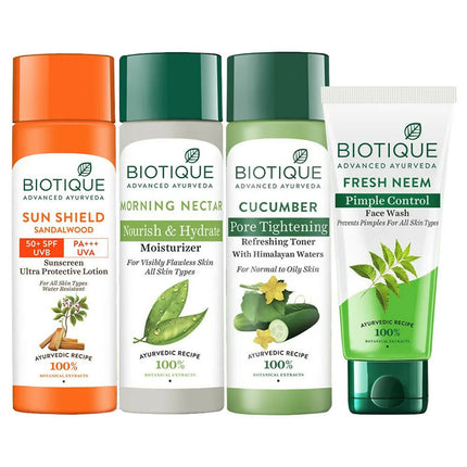 Biotique Skincare Routine Cleanser, Toner, Moisturizer & Sunscreen Combo
