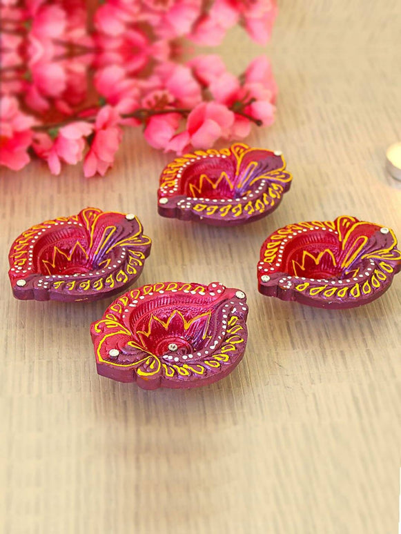 Tied Ribbons Set of 4 Red & Violet Textured Terracotta Diyas