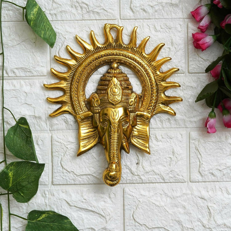 eCraftIndia Golden Lord Ganesha With Sun Decorative Metal Wall Hanging