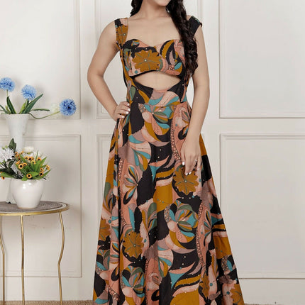 Miravan Womens Black Pure Cotton Floral Printed Sleeveless Cut Out Detail Western Dress