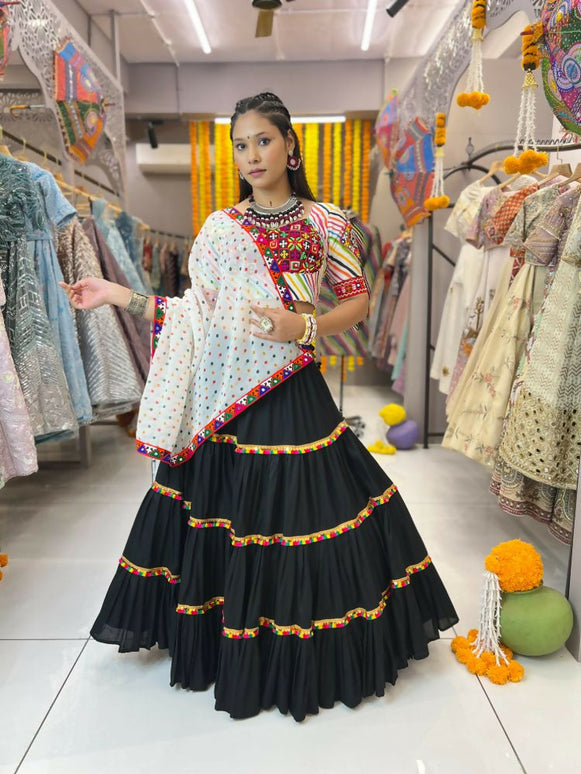 Aastha Fashion Black Rayon Readymade Lace Semi Stitched Wedding Wear Lehenga Choli