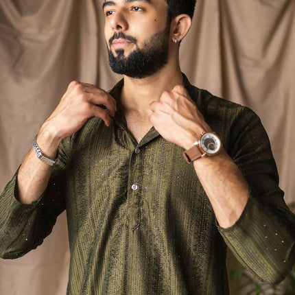 Mehandi Green Rayon Thread Embroidery Work Kurta Set - Mahotsav