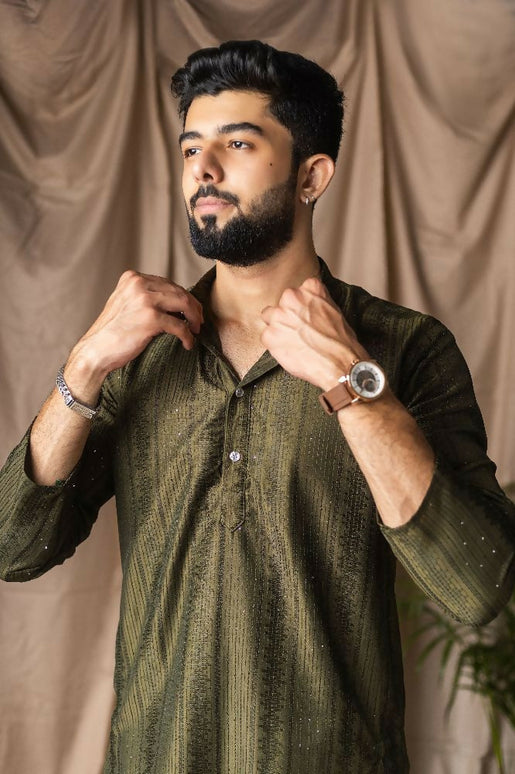 Mehandi Green Rayon Thread Embroidery Work Kurta Set - Mahotsav