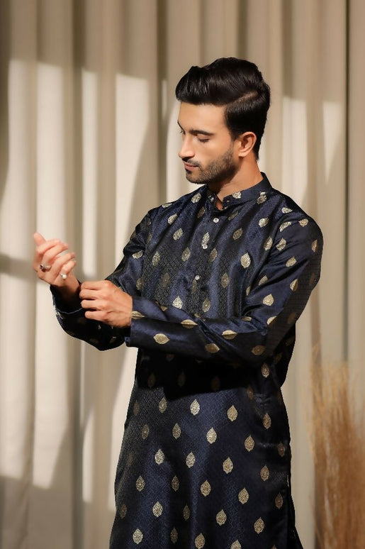 Blue Viscose Jacquard Wovon Designer Kurta Set - Mahotsav