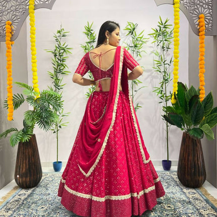 Aastha Fashion Rani Pink Heavy Georgette Heavy Embroidery+ Sequence +Ready Lace Semi Stitched Wedding Wear Lehenga Choli
