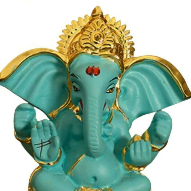 Tamas Gold-Polished Gaj Karna Ganesh Idol Flora Blue & Gold Color