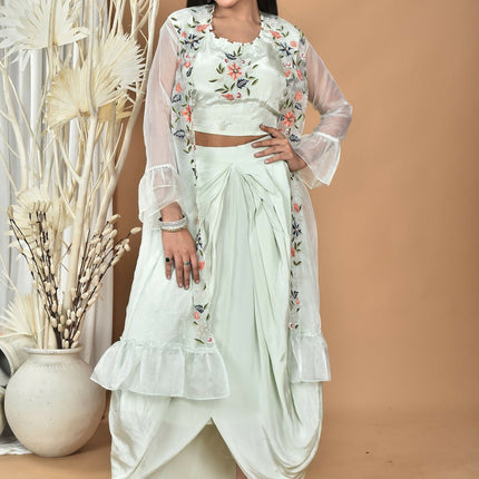 Morchari Women Hand Embroidery Crop Top-Sea Green