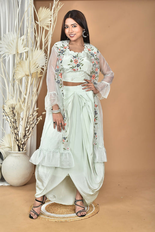 Morchari Women Hand Embroidery Crop Top-Sea Green