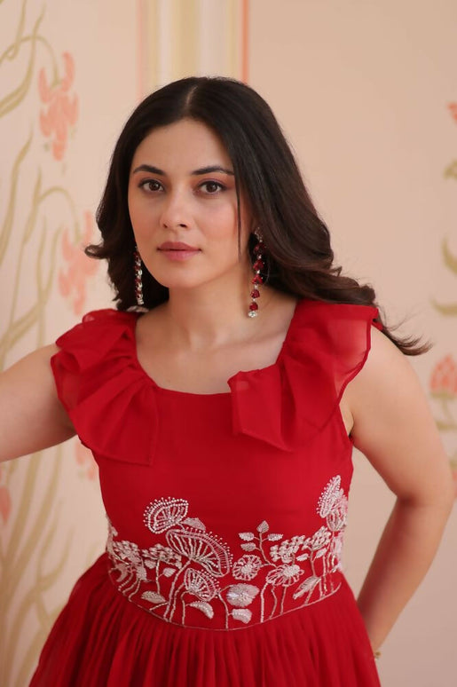 Aastha Fashion Red Faux Blooming Beads Embroidered work Party Wear Designer Gown