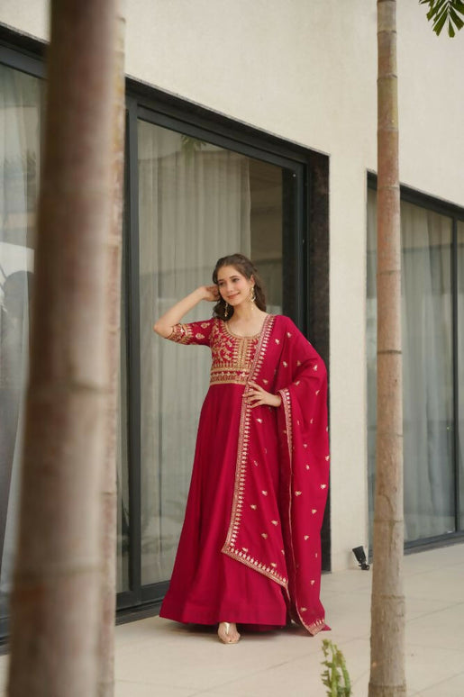 Aastha Fashion Pink Vichitra Silk Sequins-Multi & Zari Embroidered Work Party Wear Designer Gown