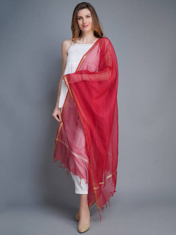 Shehnaai Chanderi Silk Dupatta Red Colour With A Golden Woven Border