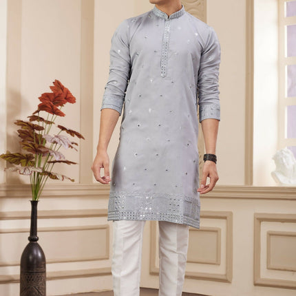 Raivat Ethnic Men's Art Silk Thread Work Kurta Pyjama In Light Grey Colour