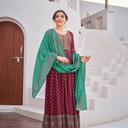 Aastha Fashion Maroon Rayon Party Wear Designer Gown Collection