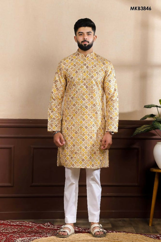Mustard Art Silk Digital Printed, Embroidery Work Kurta Set - Mahotsav