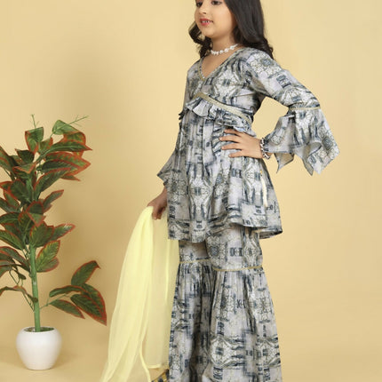 Divine Drape Girls Muslin Grey Printed Straight Kids Kurta Sharara With Dupatta