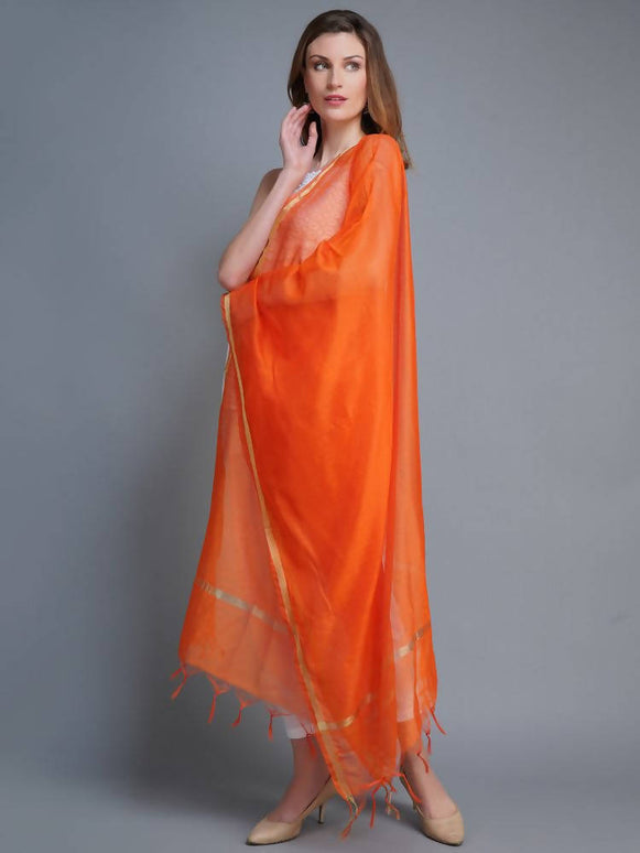 Shehnaai Chanderi Silk Dupatta In Orange Colour With Golden Woven Border