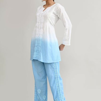 Joban Fashion Womens Cotton ChikanKari Sky Blue & White Cord set