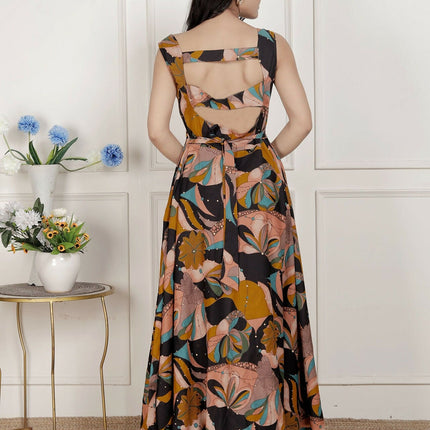 Miravan Womens Black Pure Cotton Floral Printed Sleeveless Cut Out Detail Western Dress